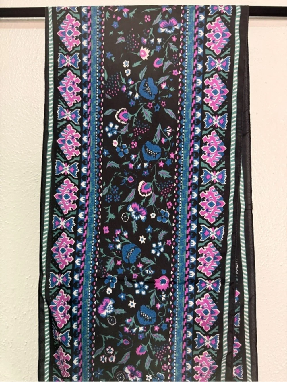 Unbranded Black Scarf with Pink, Blue/Teal Geometric Print. 52” long X 10” wide.